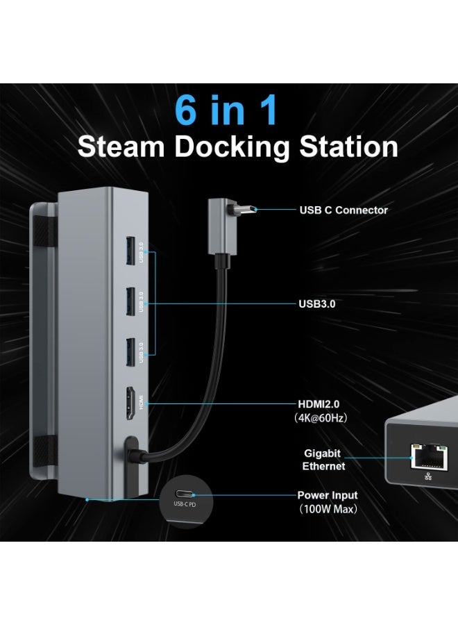 6-in-1 Steam Deck Docking Station with 4K@60Hz HDMI, Gigabit Ethernet, 3 USB 3.0 Ports & 100W USB-C PD Charging, Aluminum Alloy Hub for Steam Deck, ROG Ally, Tablets, Mobile Devices - Image 3